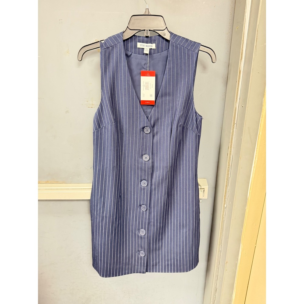 Steve Madden Pinstripe Vest Mini Dress Navy Blue Button Front Sleeveless XS NEW